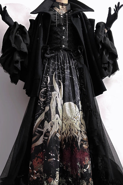 Long Hime Sleeves Gothic Skirt Dress Set with Printed Lace - Reborn Ancient God