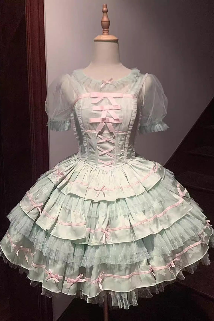 Green Triple Ruffle Bow Lace Ballet JSK Dress