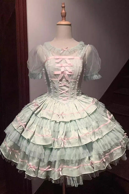 Green Triple Ruffle Bow Lace Ballet JSK Dress