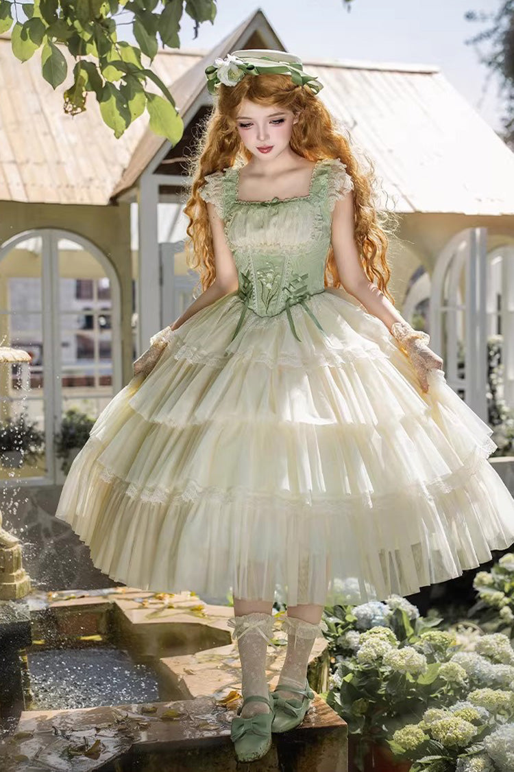 Fishbone Embroidered Sweet Lolita Jumper Dress - Green Letters & Poems