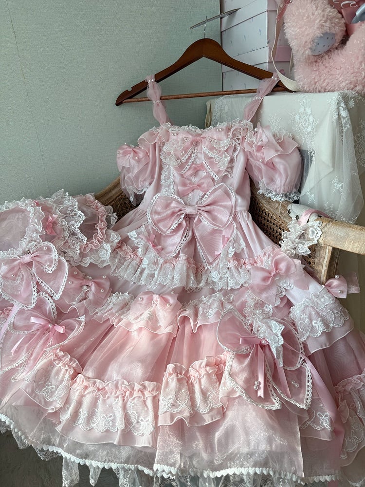 Sweet Pink Bow Accents and Bead Details Princess Lolita Dress with Big Bow at Back