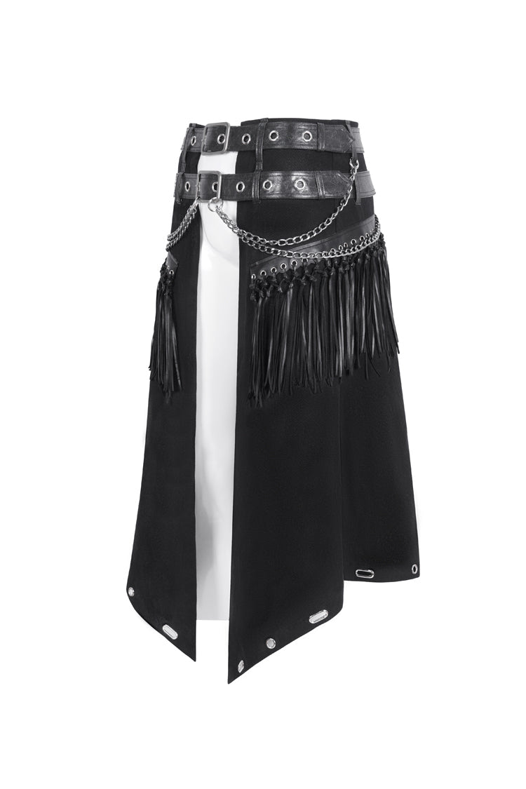 Double Belt Tassel Black Asymmetric Gothic Skirt for Men