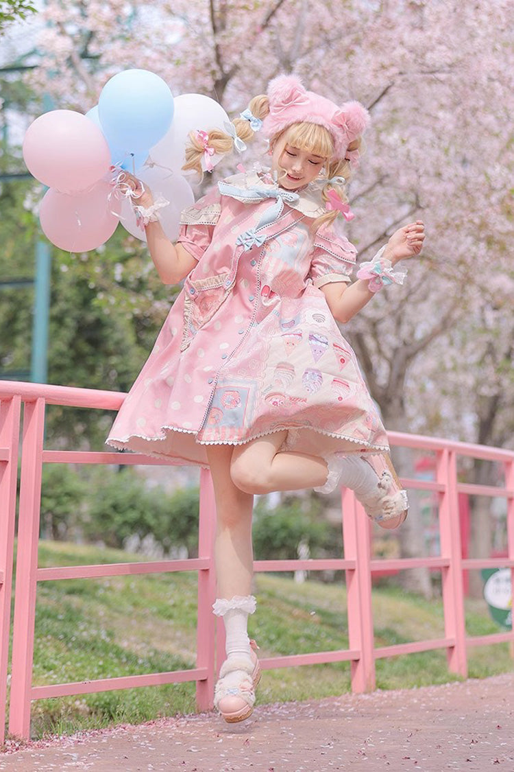 Chocolate Dessert Print Short-Sleeve Ruffled Bowknot Sweet Lolita Dress in Two Tones