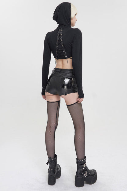 Pentagram Punk Shorts with Stockings in Black Faux Leather for Women