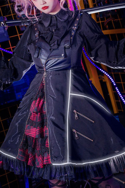 Black Zippered Gothic Lolita JSK Dress with Ruffled Multi-Layer Cardigan