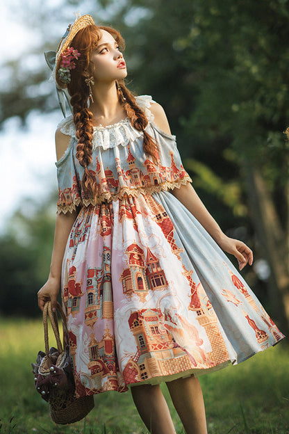 European Architecture Oil Painting Off-Shoulder Ribbon Lolita Dress