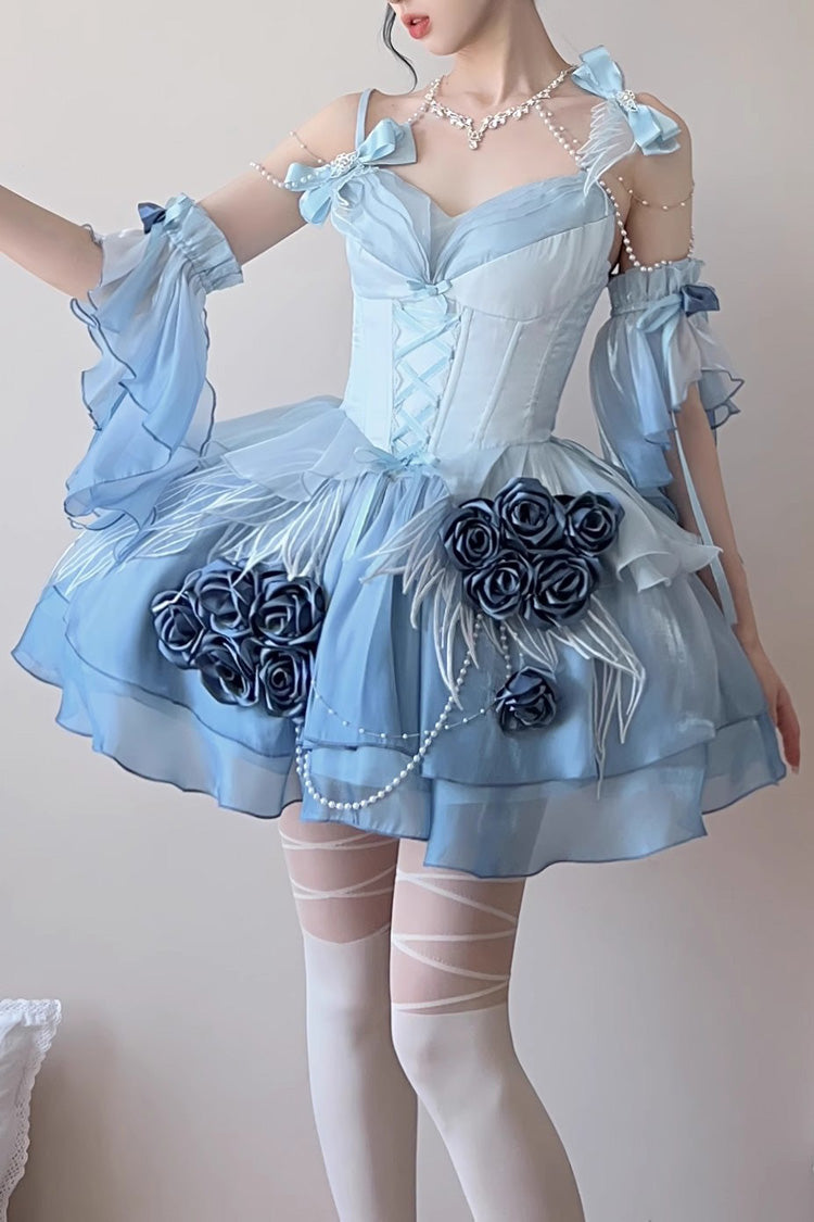 Sky Blue Sweet Ballet Lolita Swan Wonderland Embroidery Lace-Up Mini JSK Dress
