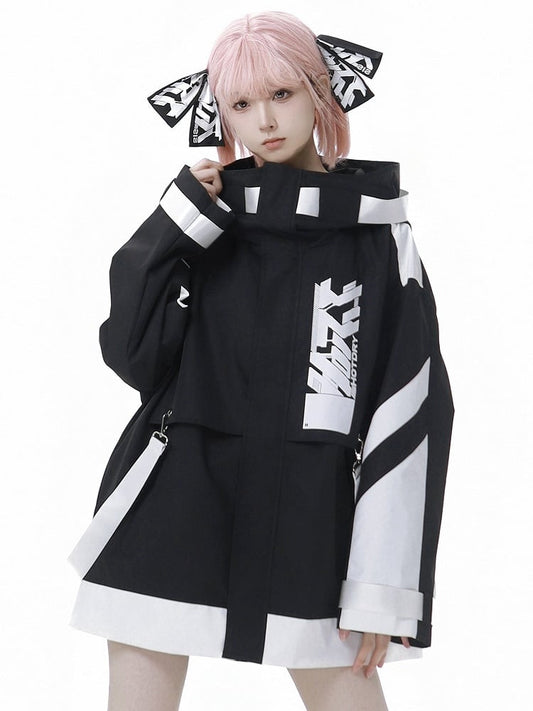 Black and White Jirai Kei Techwear Straps Hooded Windbreaker Jacket