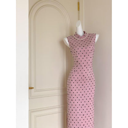 Women's Pink Polka Dot Improved Qipao Dress | Sleeveless Slim Fit Chinese Style Dress