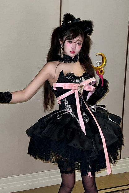 Kitten Sweetheart Multi-Layered Ruffled Bow Lace-Up Princess Ballet Gothic Lolita Jsk Dress