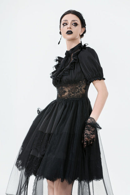 Inky Puff Sleeve High-Low Multi-Tiered Chiffon Gown - Gothic Wedding