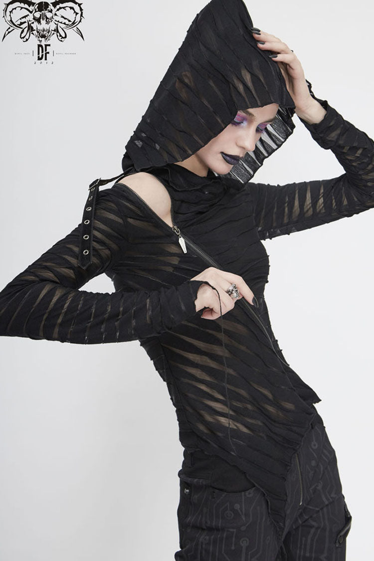 Women's Punk Shirt with Hooded Twisted Knit Slanted Zip Asymmetric Hem