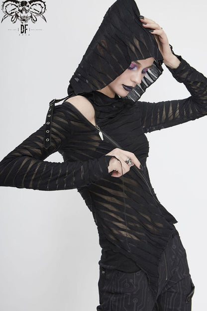 Women's Punk Shirt with Hooded Twisted Knit Slanted Zip Asymmetric Hem