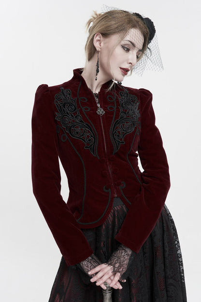 Crimson Mandarin Collar Velvet Chest Applique Pendant Zip Long Sleeve Goth Jacket
