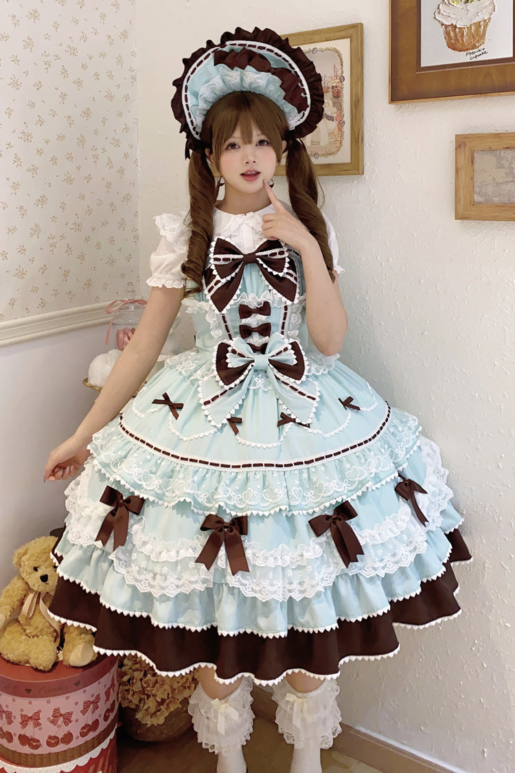 Mint Chocolate Fondant Cake Sleeveless Multi-Layer Ruffle Bow Lace Sweet JSK Dress