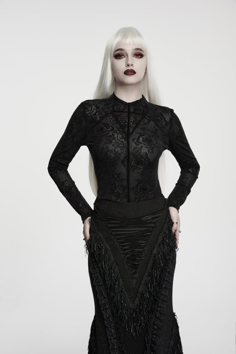Gothic Top for Her with High Collar and Rose Jacquard Lace, Slim Fit