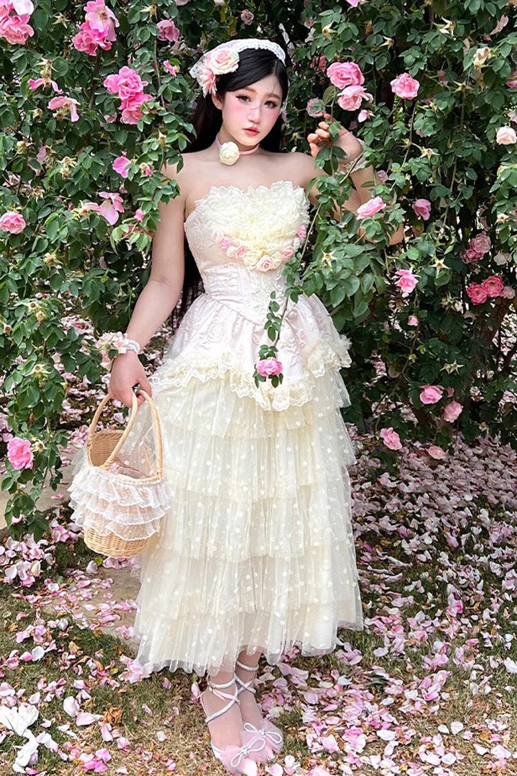 Pink Floral Love Ruffle Bow Lace Elegant Lolita Maxi Set