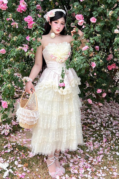Pink Floral Love Ruffle Bow Lace Elegant Lolita Maxi Set