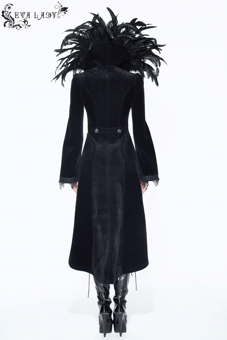 Gothic Tailcoat for Women with Feathered Collar Long Sleeves and Bowknot