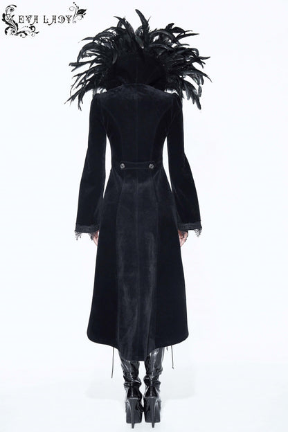 Gothic Tailcoat for Women with Feathered Collar Long Sleeves and Bowknot