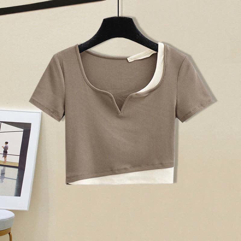 Colorblock Crop Top T-Shirt Casual Pants Set