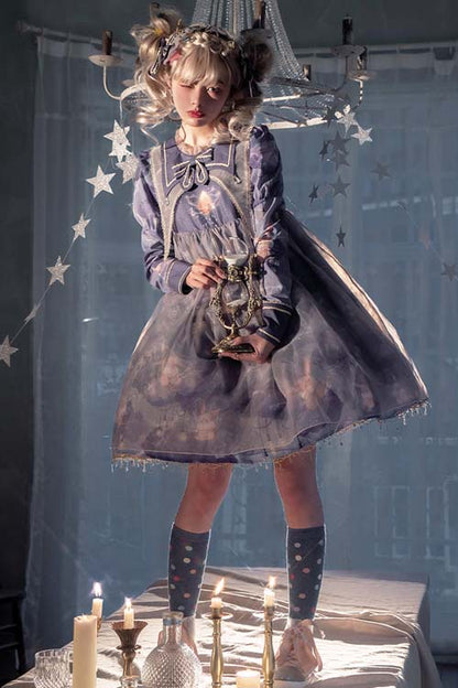 Light Blue Sweet Lolita OP Dress with Round Neck and Lace Veil