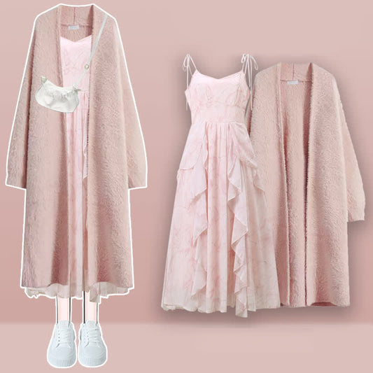 Pink Long Cardigan Sweater Outerwear Flouncing Slip Dress