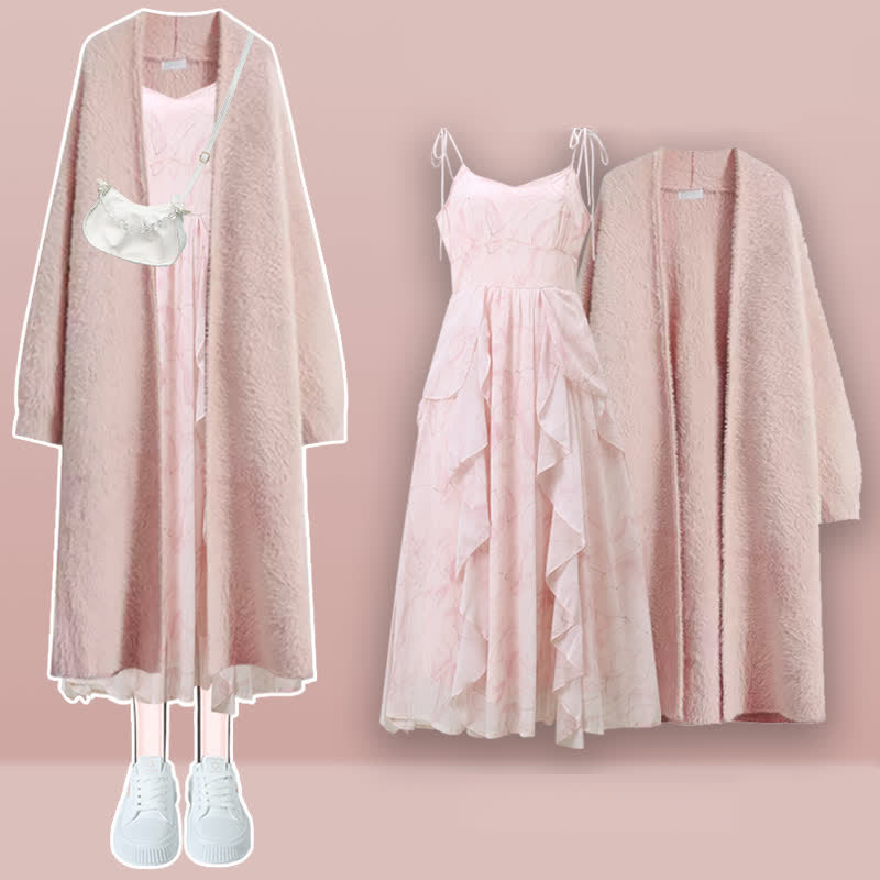 Cardigan Pink Slip Sweater Long Dress Outerwear Flouncing