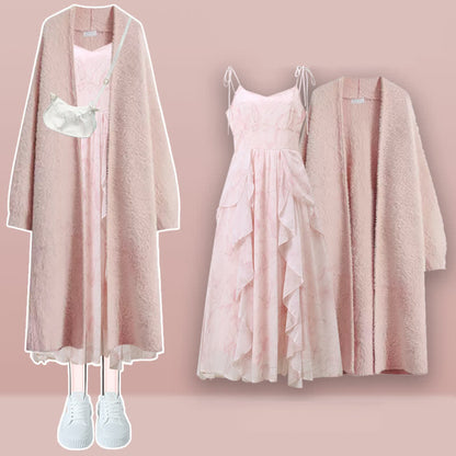 Cardigan Pink Slip Sweater Long Dress Outerwear Flouncing