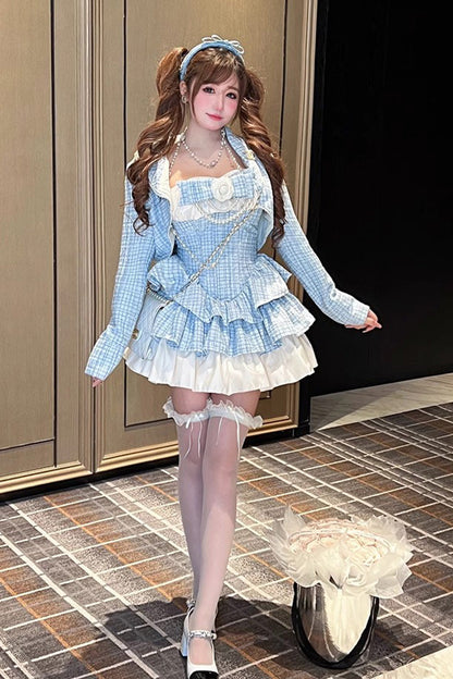 Blue Camellia Plaid-Print Ruffled Bow-Adorned Sweet Lolita Dress