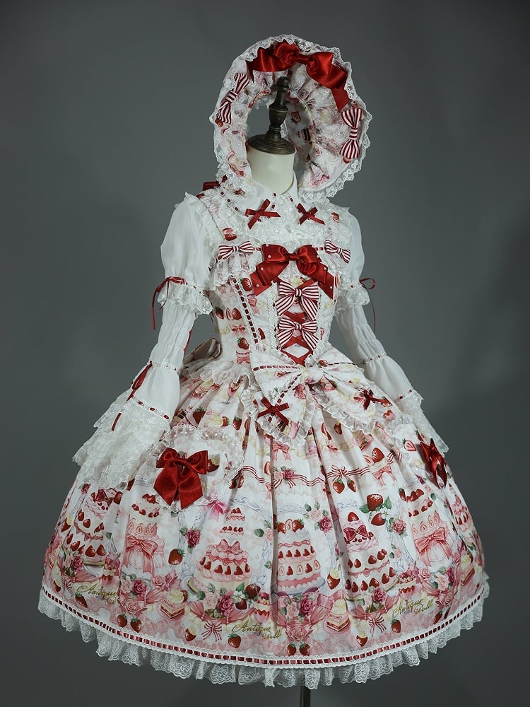 Strawberry and Desserts Print White Sweet Bow Accents Lolita JSK / Full Set