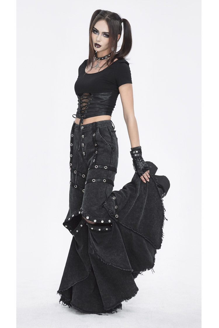 Flared Punk Pants with Ruffled Hem and Eyelet Details