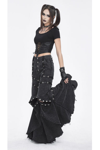Flared Punk Pants with Ruffled Hem and Eyelet Details