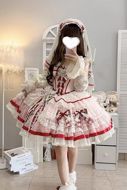 Rose Moonstone Sleeveless Ruffle Embroidery Bow Lace Fishbone Sweet Princess Gown
