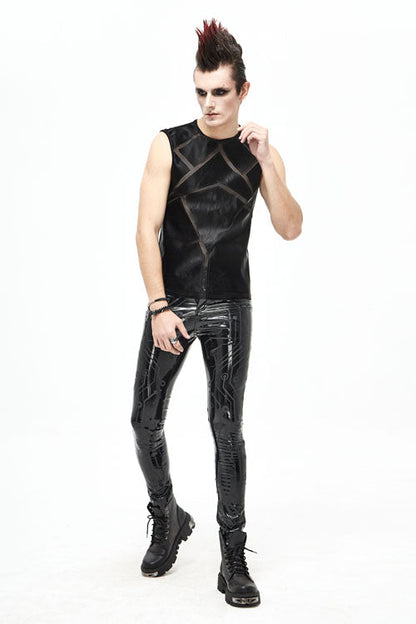 Mens Stretchy Leather Pants with Circuit Print