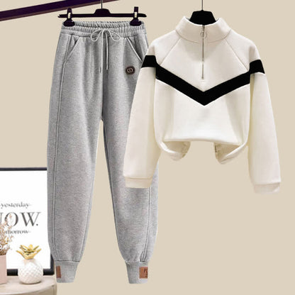 Sweatshirt Draw Zipper Pocketed String Pants Casual