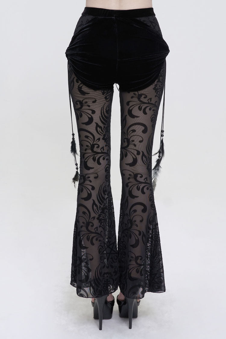 Gothic Women's Long Flared Trousers with Faux Two-Piece Feather Pendant and Mesh Side Panels