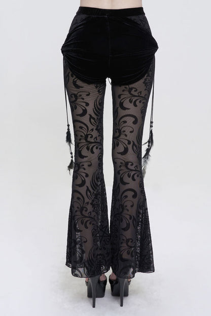 Gothic Women's Long Flared Trousers with Faux Two-Piece Feather Pendant and Mesh Side Panels