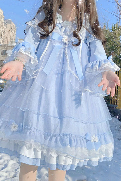 Blue OP Tiered Dress Sweet Lolita Trumpet Sleeves Bowknot Ruffled - Altfashion Shop
