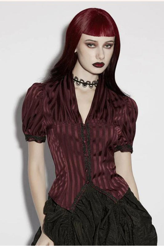 Crimson V-Neck Short Puff Sleeve Lace-Up Striped Goth Top