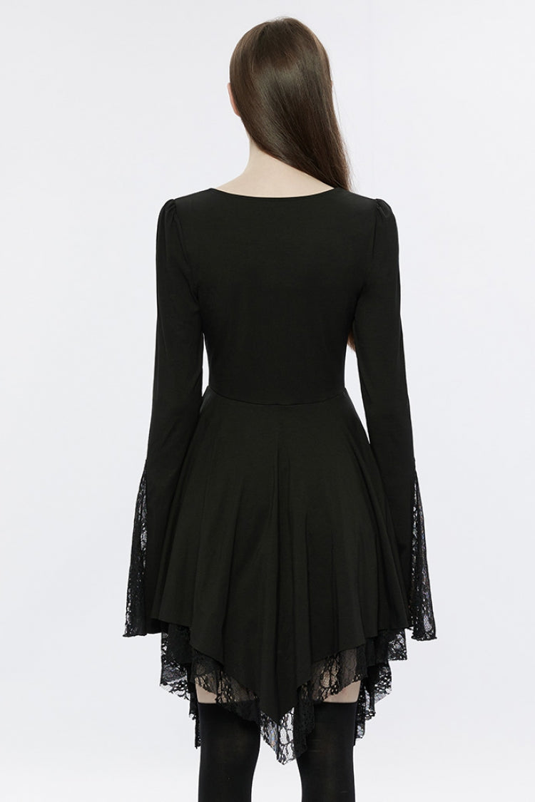 Asymmetrical Gothic Dress with Lace and Flared Sleeves