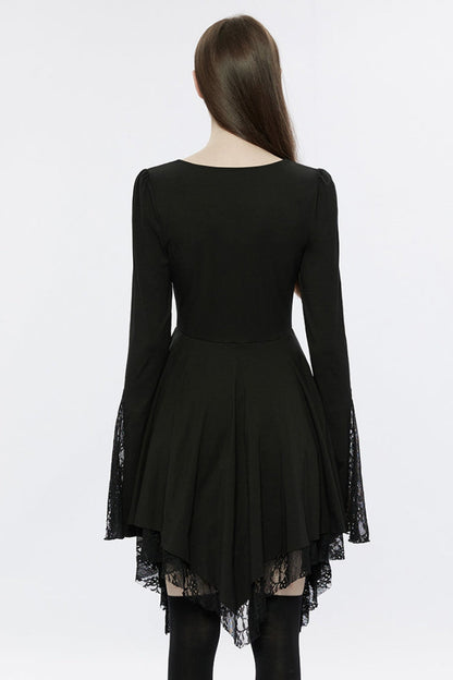 Asymmetrical Gothic Dress with Lace and Flared Sleeves