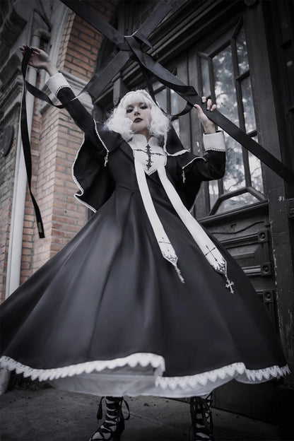 Elegant Lace-Stitched Long-Sleeve Gothic Gown