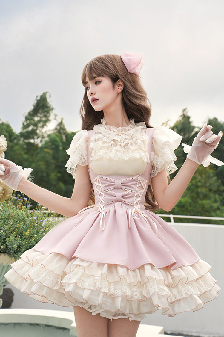 Pink Multi-Tier Ruffle Bow Lace-Up Sweet Lolita Corset Gown - Love Diary