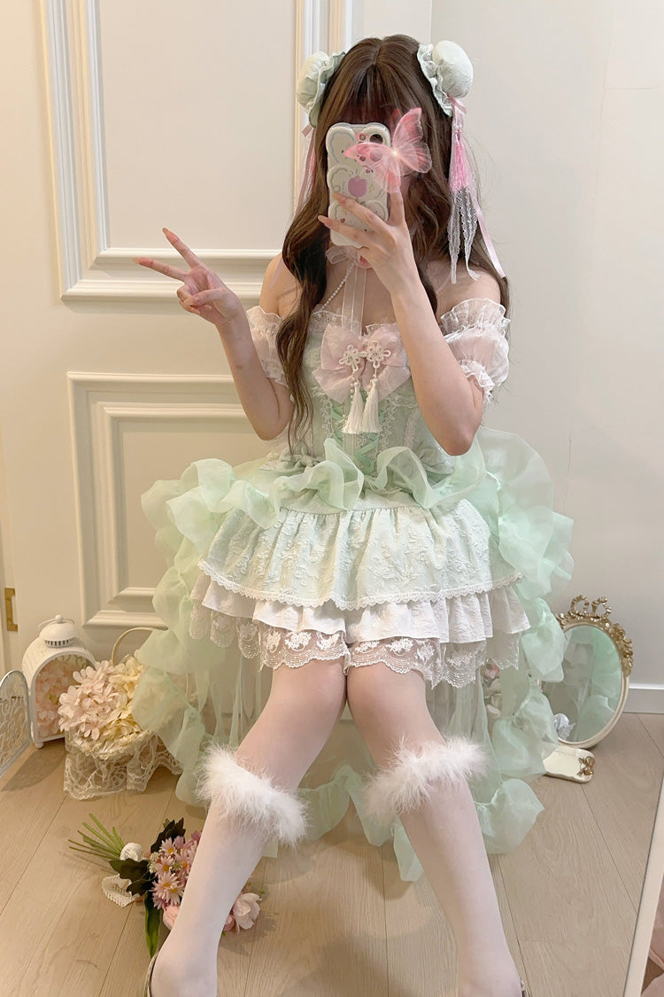 Emerald Rain and Flowers Halterneck Jacquard Bowknot Lace Sweet Lolita JSK