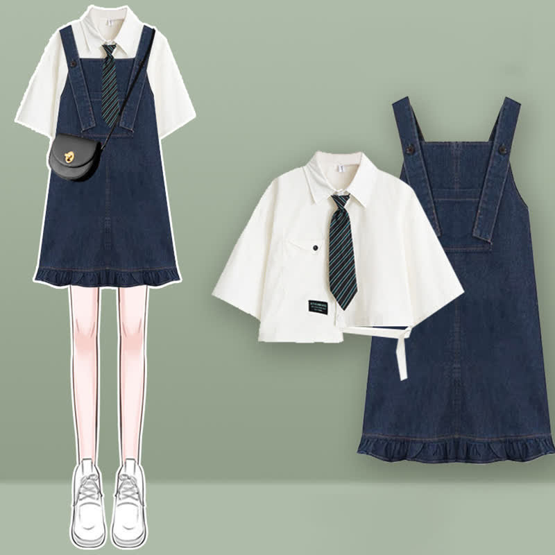Denim Set Pocket Dress T-Shirt Lapel Overall Tie