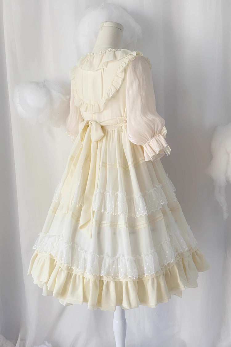 Beige Lace Angel Short-Sleeved Bow-Trim Ruffled Sweet Lolita Dress