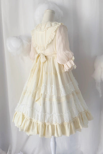 Beige Lace Angel Short-Sleeved Bow-Trim Ruffled Sweet Lolita Dress
