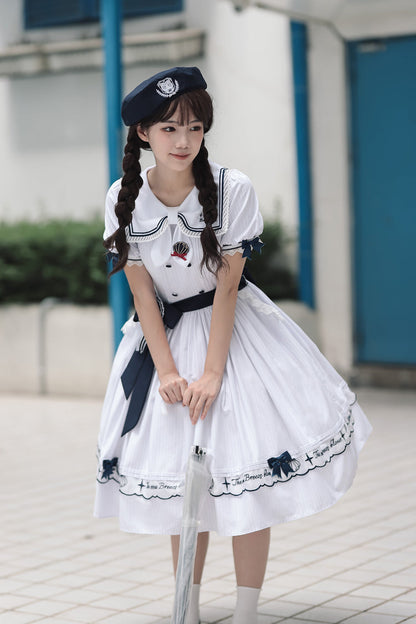 Ivory Navy Stripe Ruffled Embroidered Sweet Lolita Dress