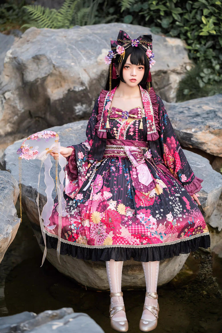 Cherry Blossom Cat Print Sleeveless Bow Sweet Lolita JSK